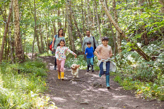 A family of five walking a dog on a forest path. at The Woodlands Apartments, Milton Keynes, MK5 6GS