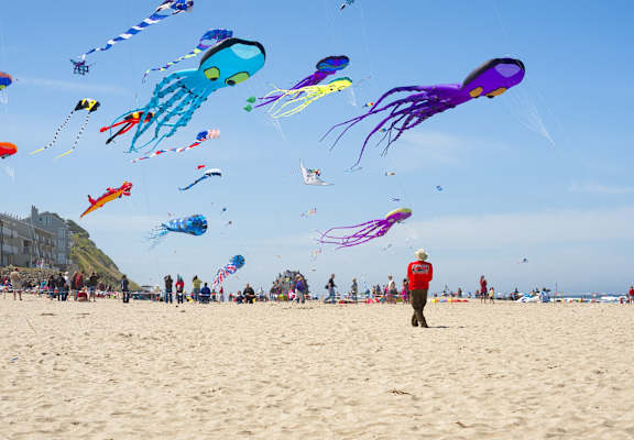 A beach scene with a person in the foreground and many kites flying in the sky.