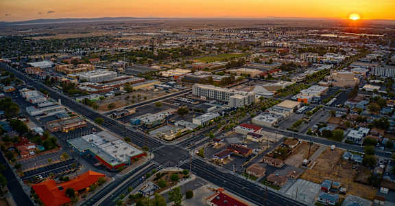 the city at sunset from the air