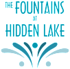 The image displays the text "The Fountains at Hidden Lake" with a decorative water splash design below it.