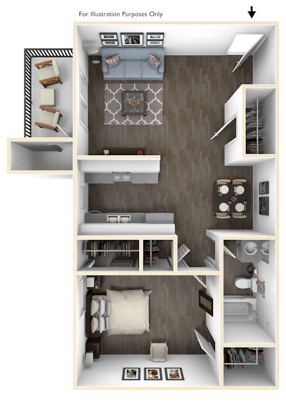 A 3D rendered image of a small apartment layout.