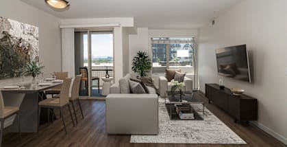 A modern living room with a grey sofa, a coffee table, and a television.