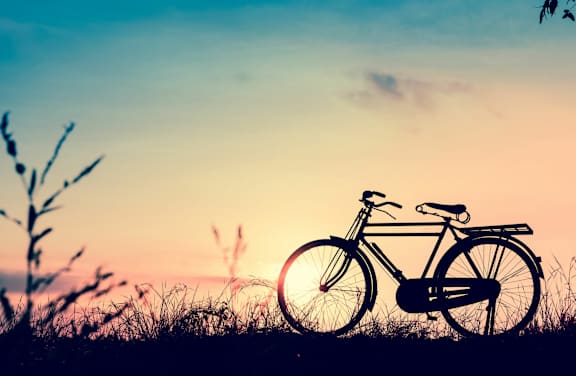 Bicycle is silhouetted against a sunset at 701 Hudson, Los Angeles, California