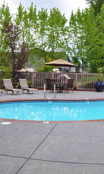 A small pool surrounded by a concrete patio and a wooden fence.