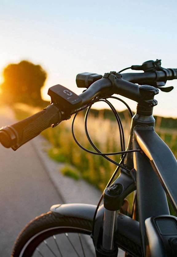 a bike parked on the side of the road at sunset