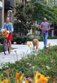A woman with a bicycle and a man walking a dog. at Circa 37 Apartments, California