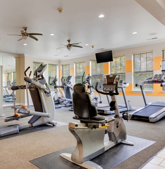 a gym with treadmills and other exercise equipment