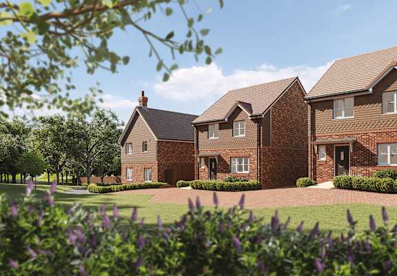 a development of new brick houses on a circular driveway