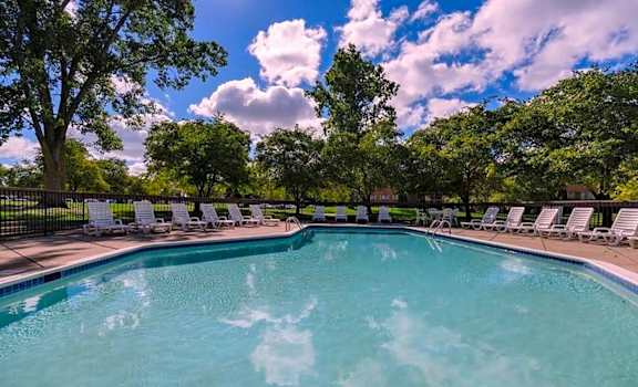 a swimming pool with chairs and trees in the background