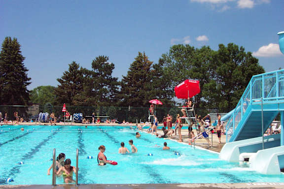 People are swimming in a blue pool on a sunny day.