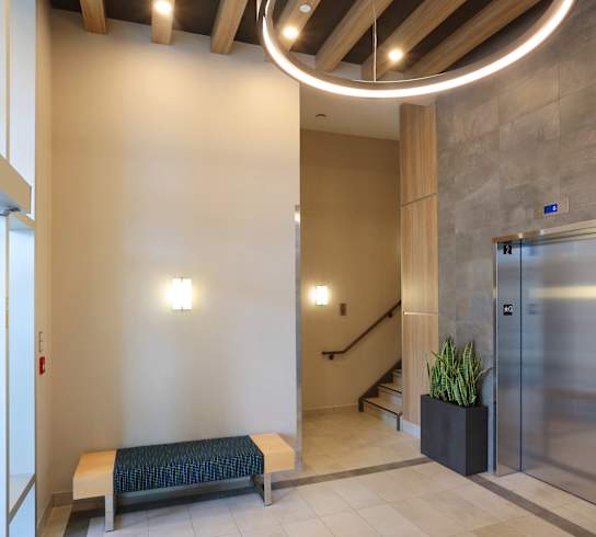an image of the lobby of a building with a bench and a potted plant