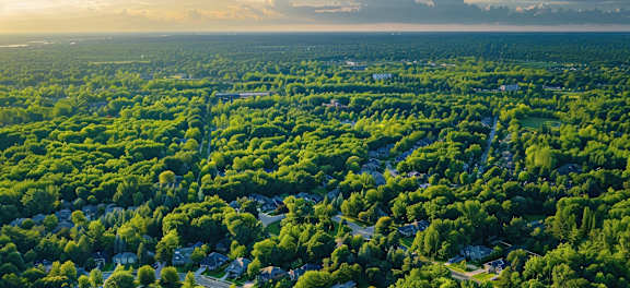 an aerial view of a neighborhood with trees and houses