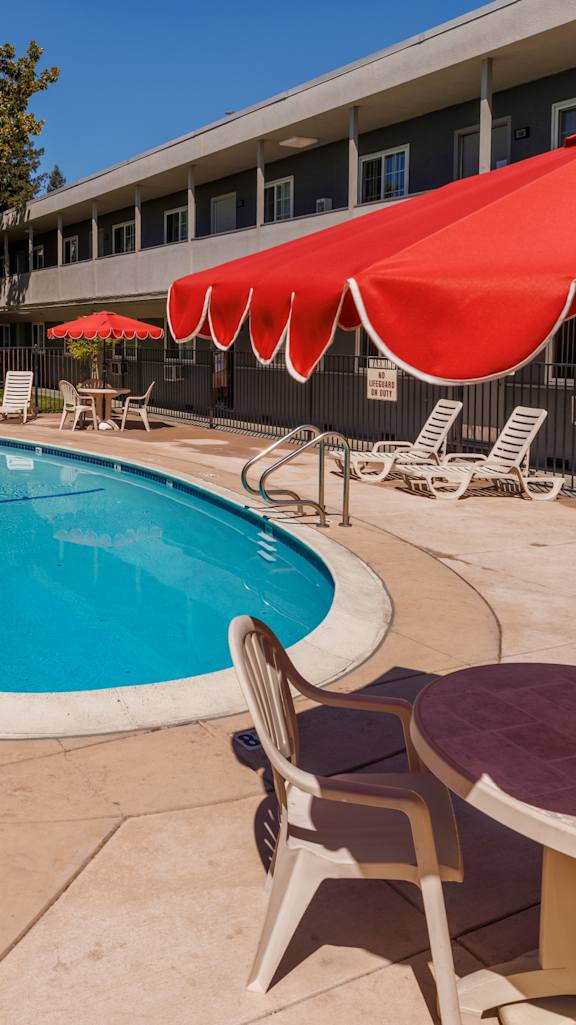 A small pool in a courtyard surrounded by buildings.