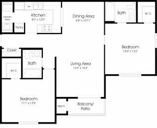 2 Bed 2 Bath Floor Plan at The Apartments at Canterbury, Rosedale, MD, 21237