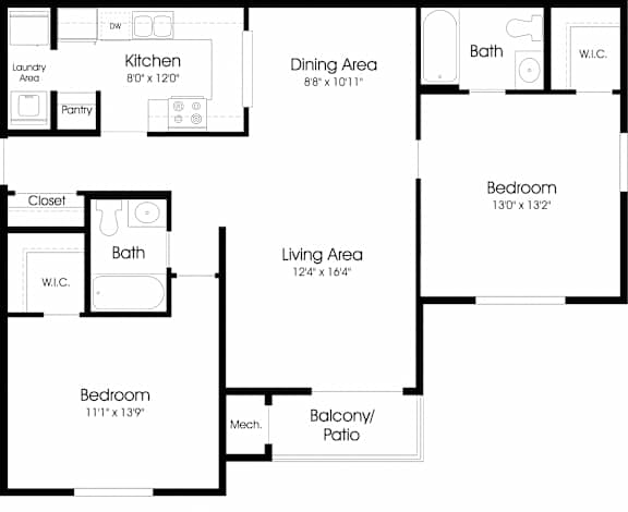2 Bed 2 Bath Floor Plan at The Apartments at Canterbury, Rosedale, MD, 21237