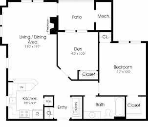 1 Bedroom 1 Bath Floor Plan at The Apartments at Cambridge Court, Rosedale, Maryland