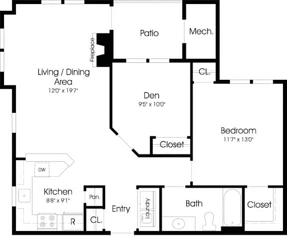 1 Bedroom 1 Bath Floor Plan at The Apartments at Cambridge Court, Rosedale, Maryland