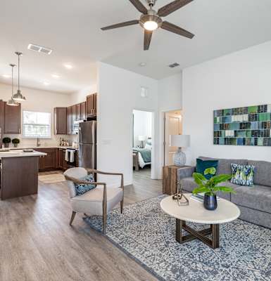 a living room with a couch and a coffee table at Artesia at Lakewood Ranch Apartments, Bradenton, FL, 34211