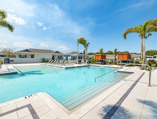 the pool at the preserve at ballantyne apartments with palm trees at Artesia at Lakewood Ranch Apartments, Bradenton, FL, 34211