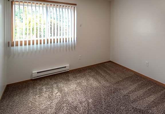 A room with a carpeted floor and a window with blinds.