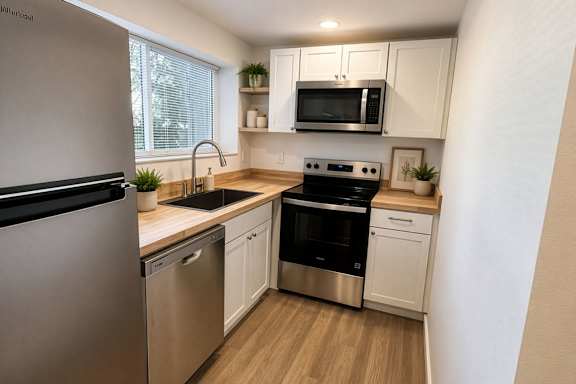 A modern kitchen with stainless steel appliances and wooden flooring.