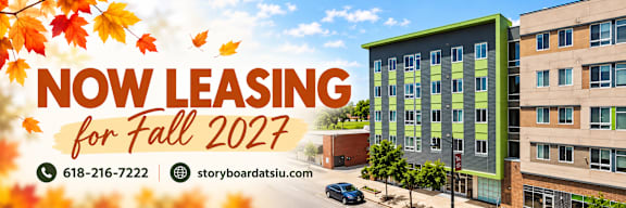 A building with the text "NOW LEASING for Fall 2027" in front of it.