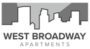 A logo for West Broadway Apartments featuring a silhouette of a city skyline.