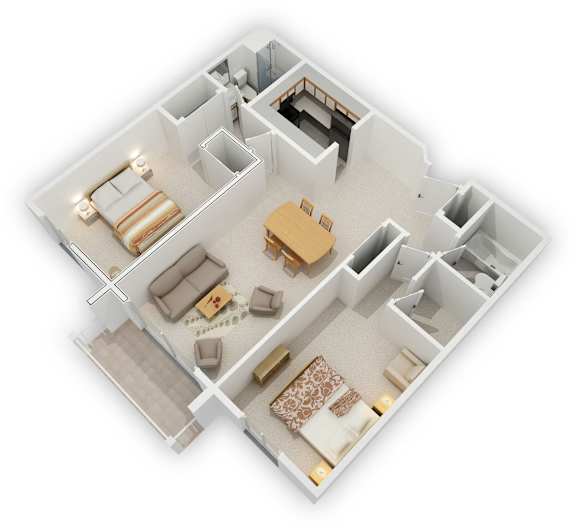 Minnetonka Hills - Two Bedroom Split Apartment - Floor Plan (3D)