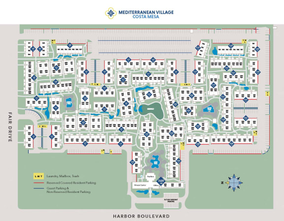 a map of a community area with buildings and trees