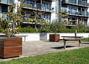 Thumbnail 2 of 4 - a park with benches and trees in front of an apartment building