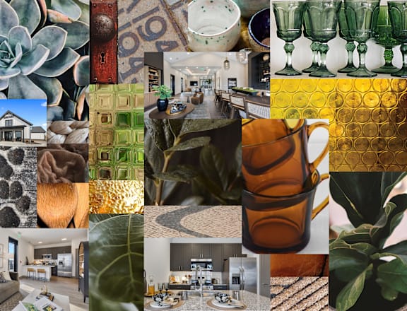 A collage of various images including plants, glassware, and interior designs.