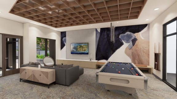 Vela Apartments Game Room Rendering with Pool Table