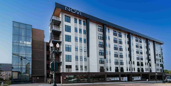 Exterior view of NOVI at Concord luxury apartments in downtown Concord, NC.
