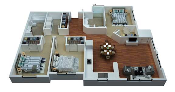 A 3D floor plan of a house with a living room, dining room, kitchen, and bedrooms.