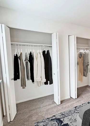 a bedroom with a bed and a closet