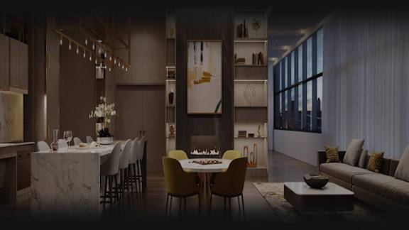 A modern dining room with a table set for six and a large window.