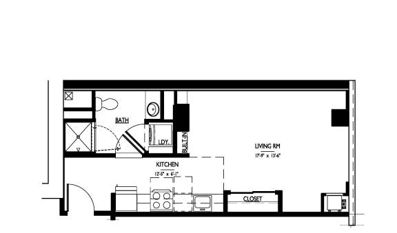 Studio 1 bath Floor Plan I at 1919 Market St., Philadelphia, Pennsylvania | Living Area 17'-9