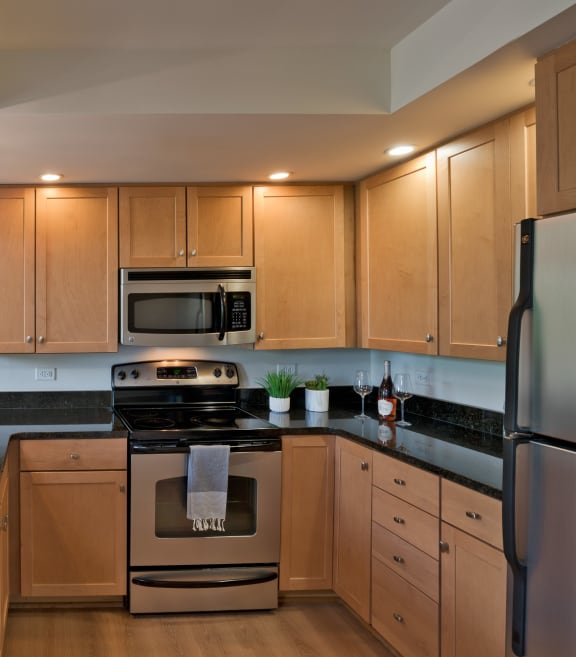 a kitchen with stainless steel appliances and wooden cabinets