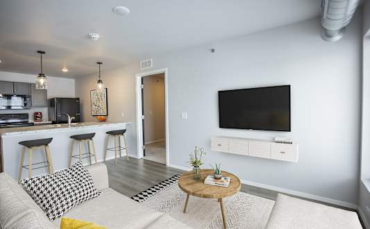 A modern living room with a bar area and a television.