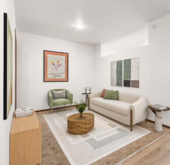 A modern dining room with a glass table and green chairs.