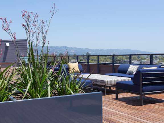 A wooden deck with a bench and a planter box.
