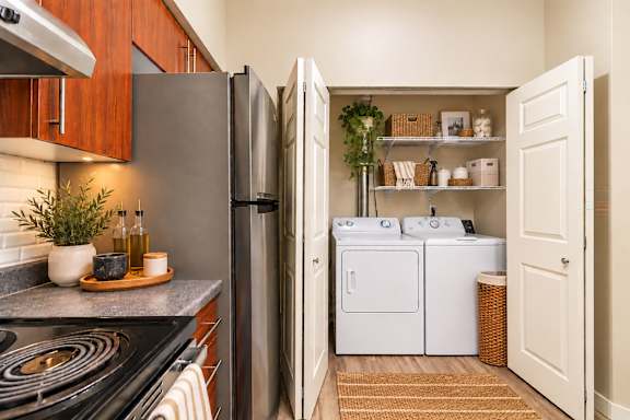 A kitchen with a refrigerator, oven, and a small potted plant on the counter.