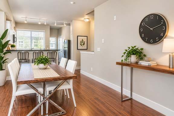 A dining room with a table and chairs and a clock on the wall.