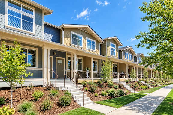 A row of houses with a clear blue sky above them.
