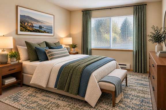 A bedroom with a large bed and a painting on the wall.