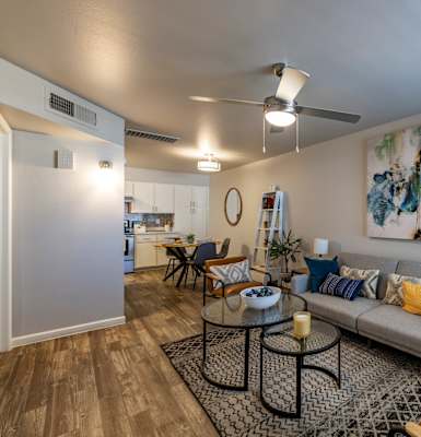 our apartments offer a living room with a couch coffee table and dining table
