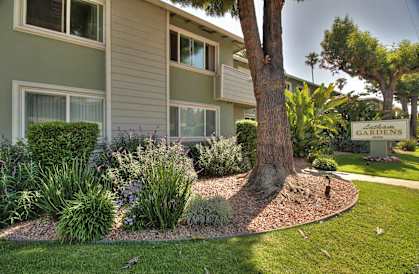 a garden with a tree in front of a building