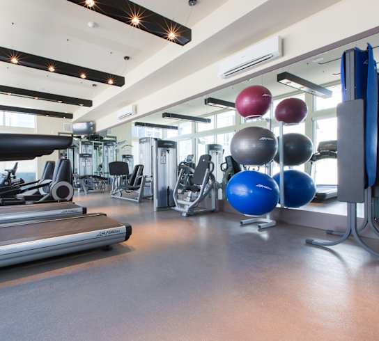 a gym with cardio equipment and exercise balls on the floor