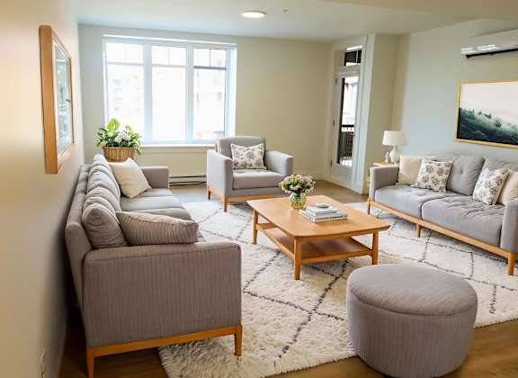 A living room with grey couches and a wooden coffee table.