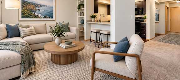 A living room with a sofa, a chair, a coffee table, and a painting on the wall.